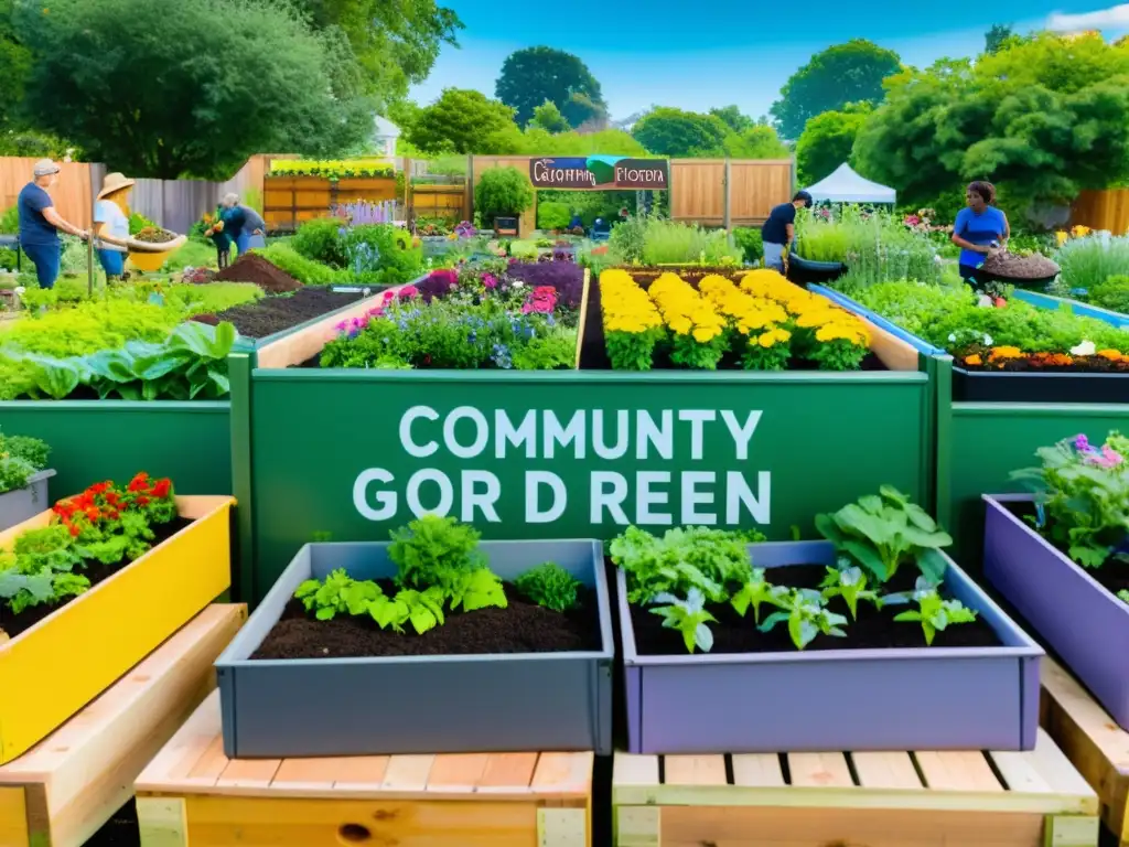 Una comunidad sostenible se une en un jardín vibrante, cultivando plantas y flores