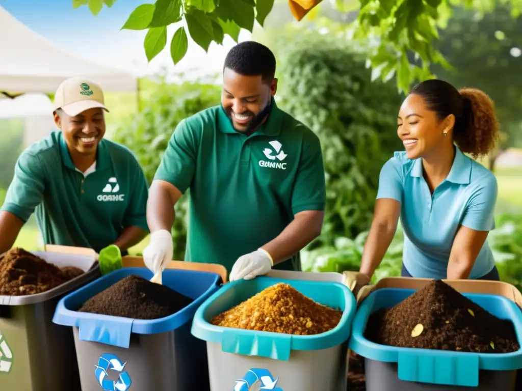 Comunidad trabajando unida en eventos de compostaje y reciclaje comunitarios, rodeados de naturaleza y símbolos de reciclaje