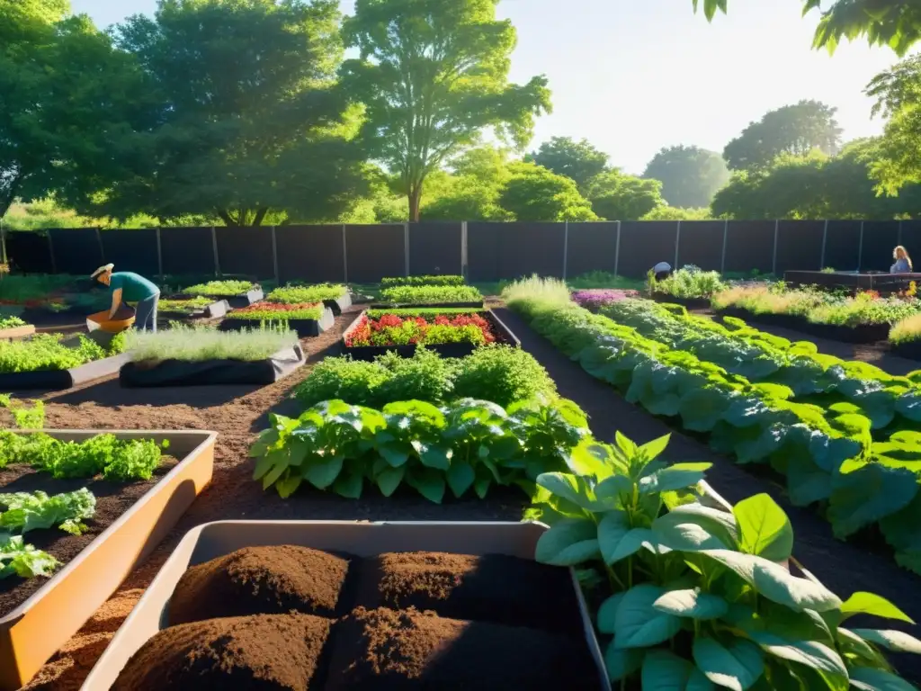 Una comunidad unida cuida un jardín con exuberante vegetación, destacando los beneficios sociales y ambientales del compostaje