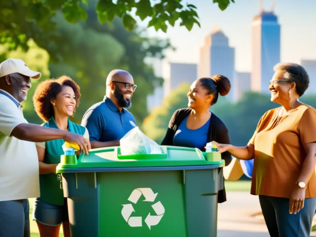 La comunidad unida disfruta del reciclaje en el parque, con el horizonte urbano al fondo