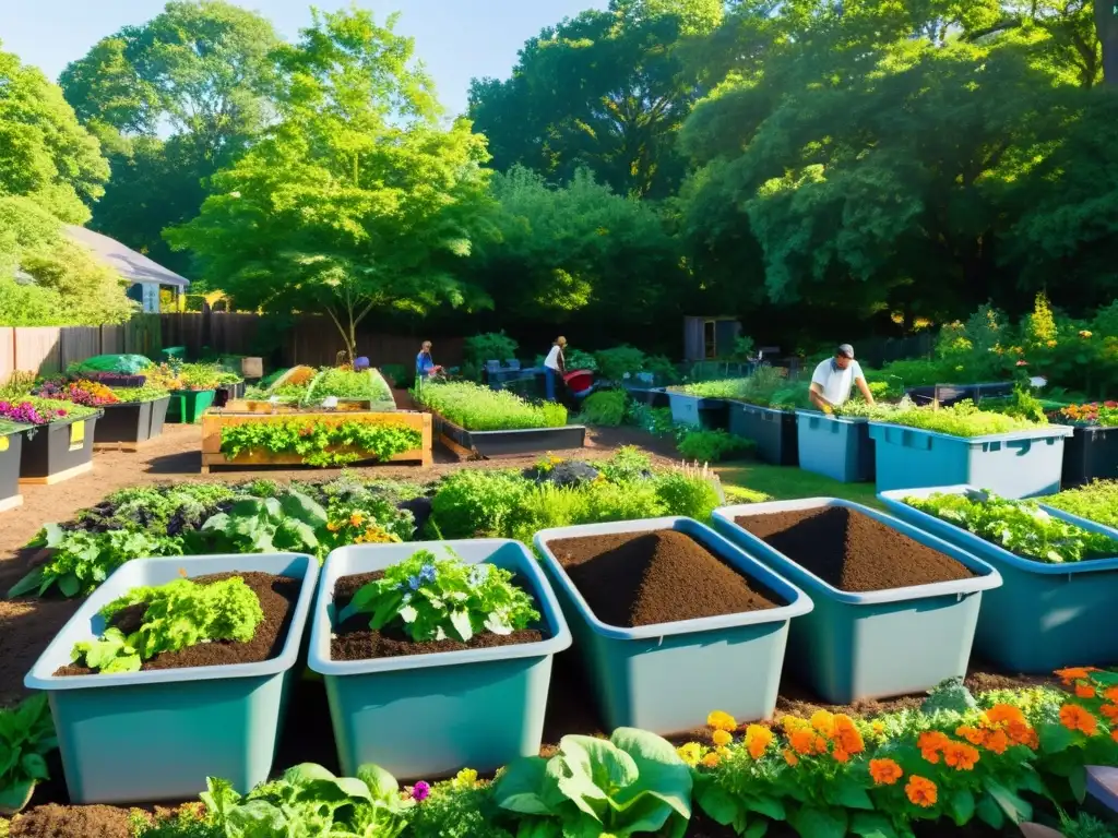 Una comunidad unida compostando diferentes tipos de materia orgánica en un jardín exuberante