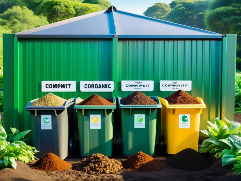 Estación comunitaria de compostaje con técnicas para residuos orgánicos, rodeada de vegetación exuberante y personas colaborando