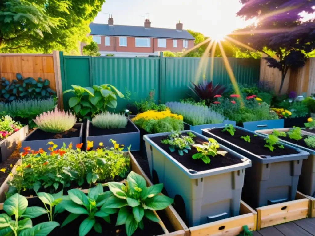 Un jardín comunitario en un área urbana de bajos ingresos, con compostaje comunitario en áreas vulnerables y una atmósfera de colaboración y esperanza entre miembros de la comunidad diversa