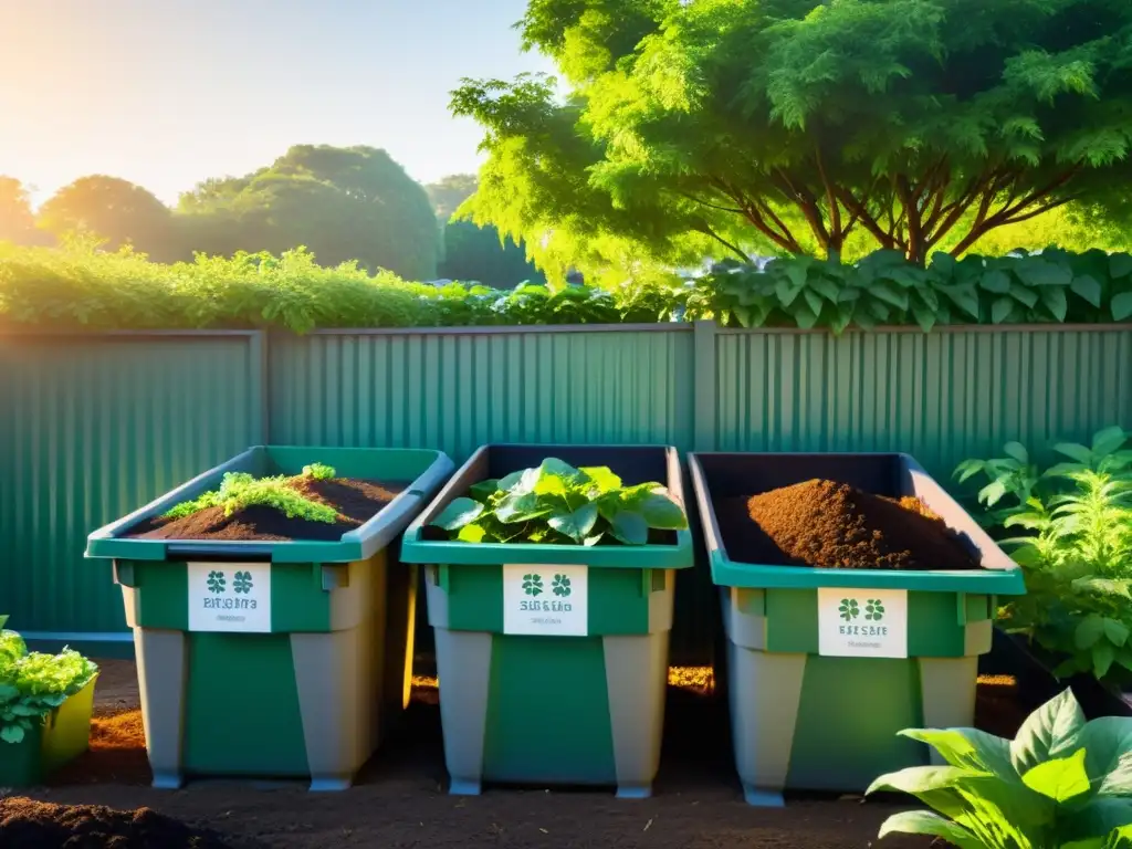 Un jardín comunitario asiático bullicioso, con composteras ordenadas y vegetación vibrante