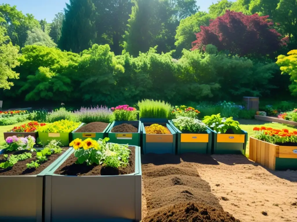 Un jardín comunitario con composteras ordenadas, rodeado de exuberante vegetación y flores coloridas