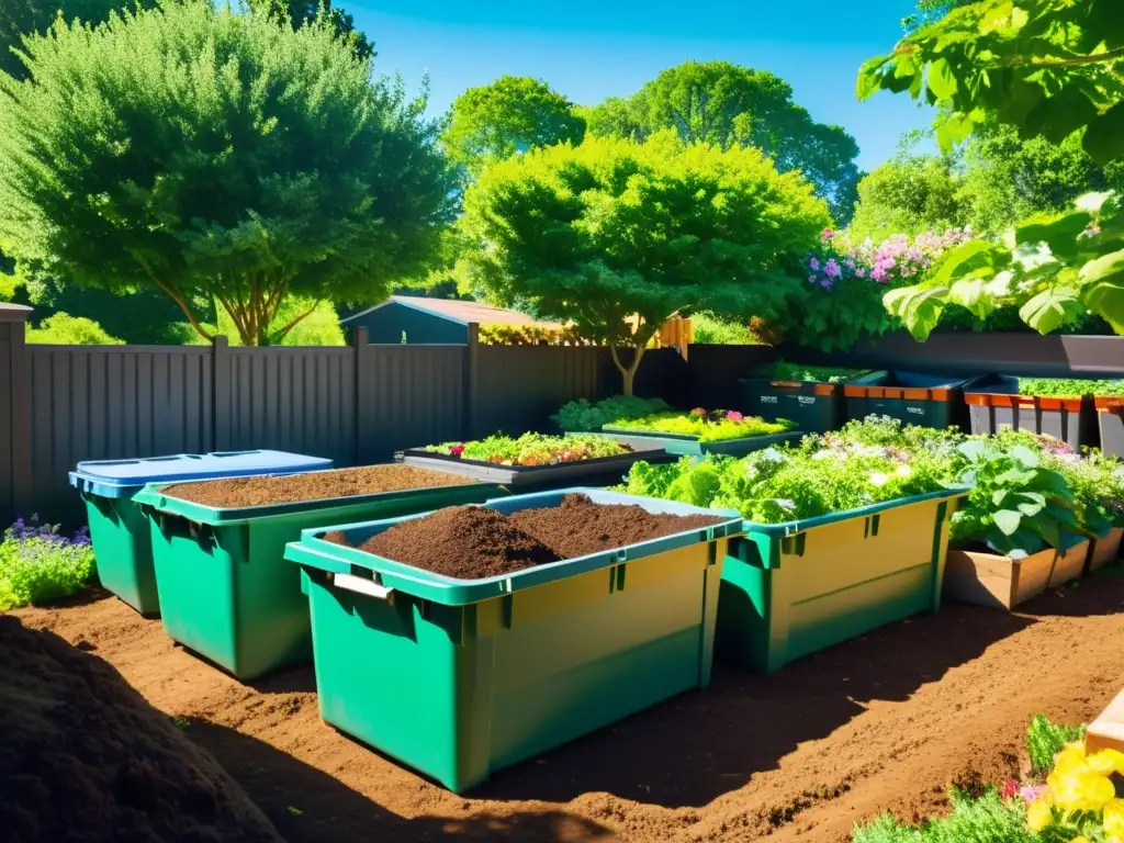 Un próspero jardín comunitario con composteras rodeadas de exuberante vegetación y flores en plena floración