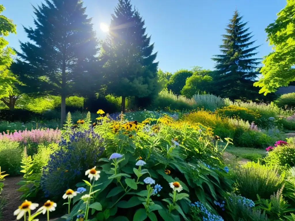 Un jardín comunitario exuberante y biodiverso, con flores silvestres vibrantes, abejas zumbando y una atmósfera serena bajo el cielo azul