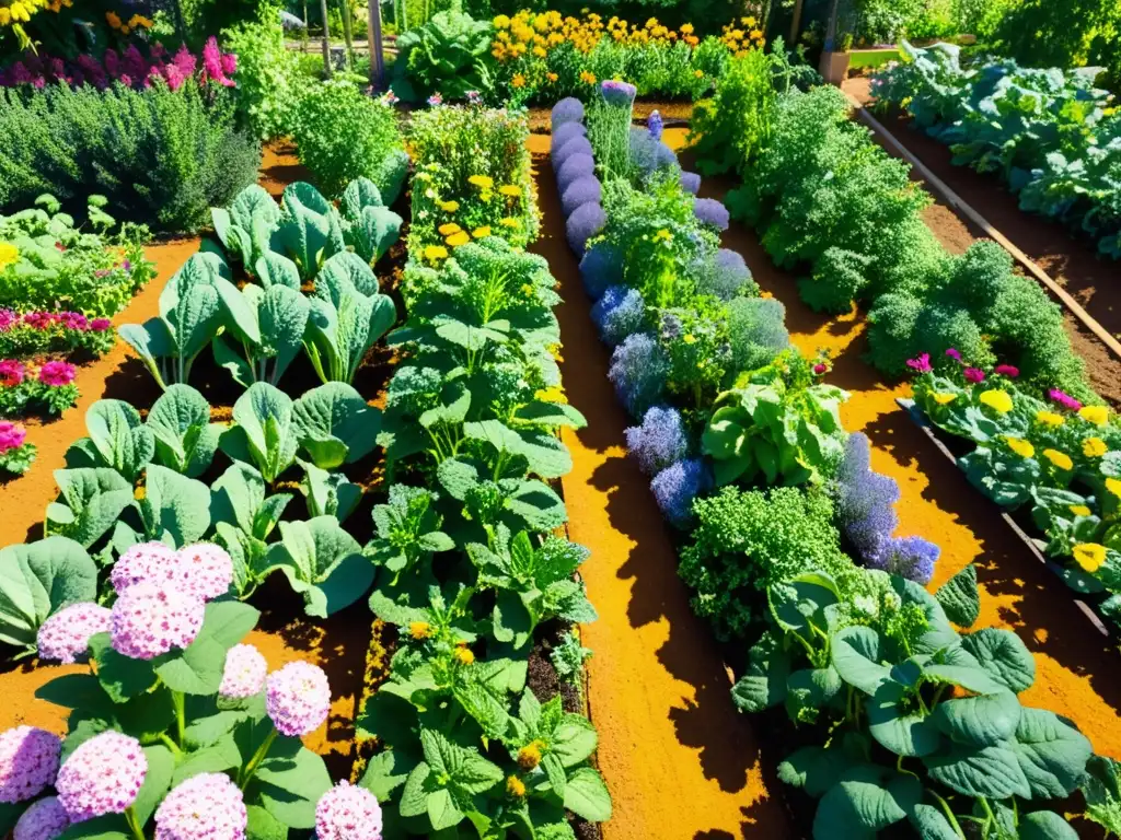 Un jardín comunitario exuberante y biodiverso, con hileras meticulosamente cuidadas de vegetales y flores, bañado por la luz del sol