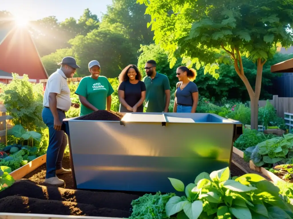 Un jardín comunitario exuberante en el que miembros diversos colaboran en un proyecto comunitario de compostaje, irradiando armonía y unión