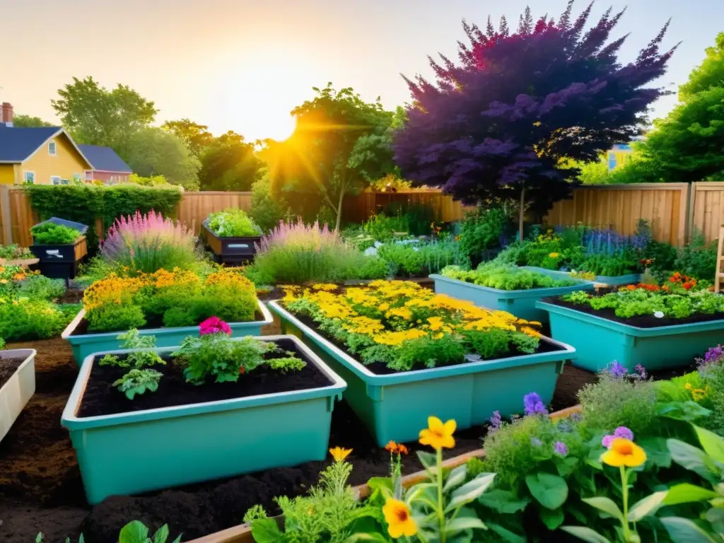 Un jardín comunitario exuberante con plantas saludables y flores vibrantes, rodeado de contenedores de compostaje