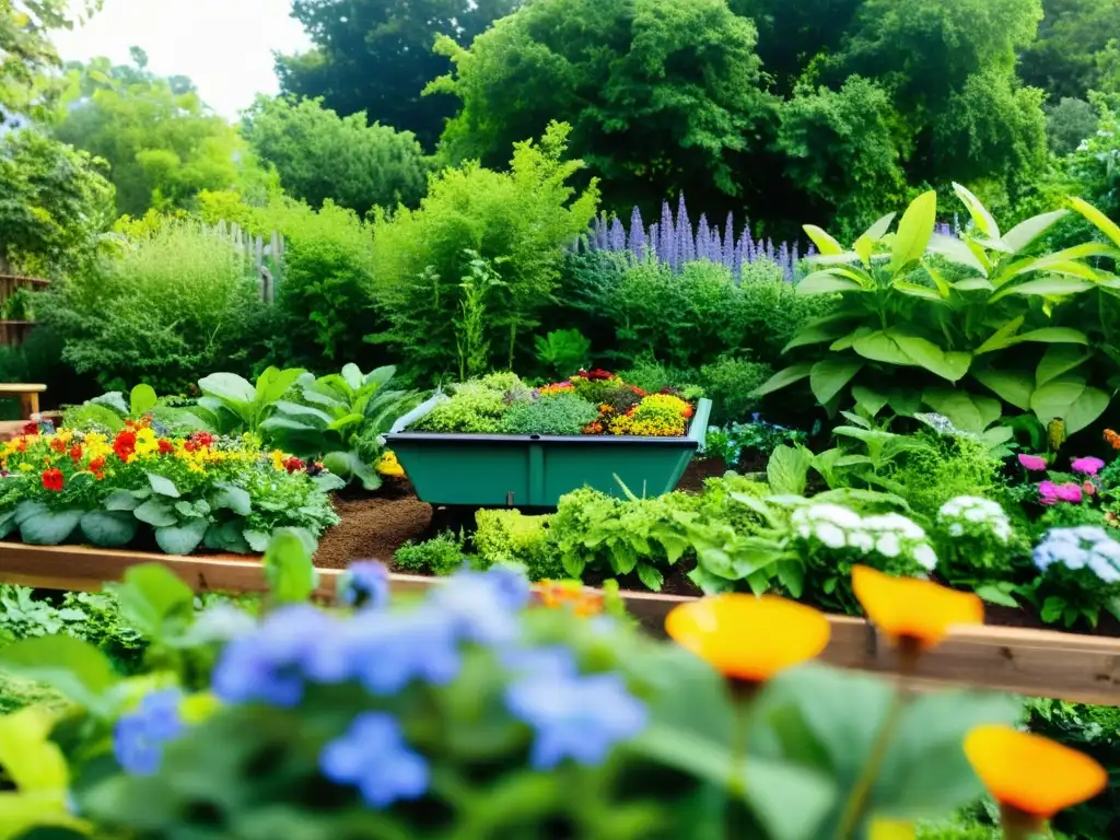 Un jardín comunitario exuberante y sostenible, lleno de vida y color, muestra el impacto positivo del programa comunitario de compostaje