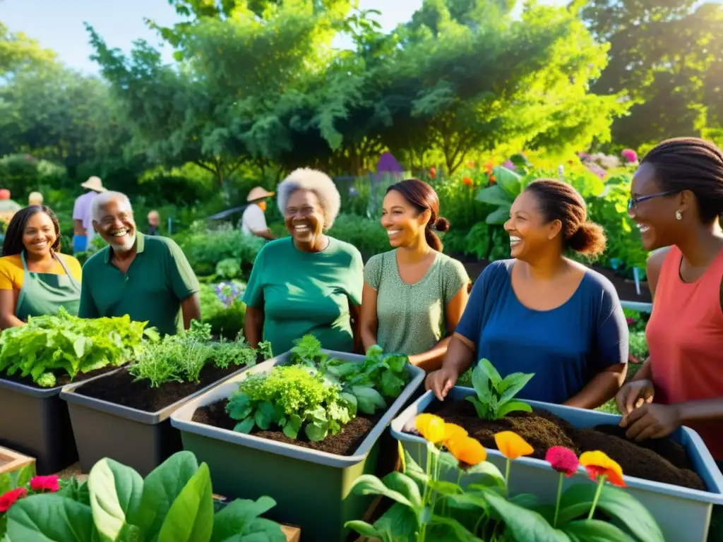 Un jardín comunitario lleno de plantas verdes y flores coloridas