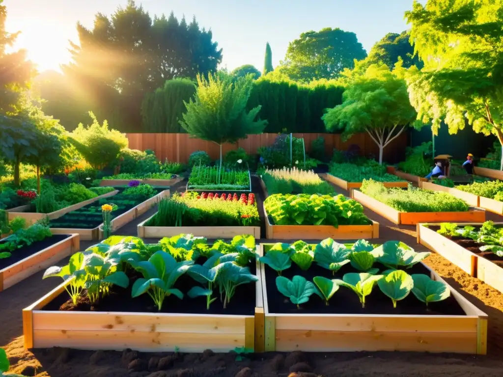 Un jardín comunitario lleno de vida y color, donde frutas y verduras crecen en armonía