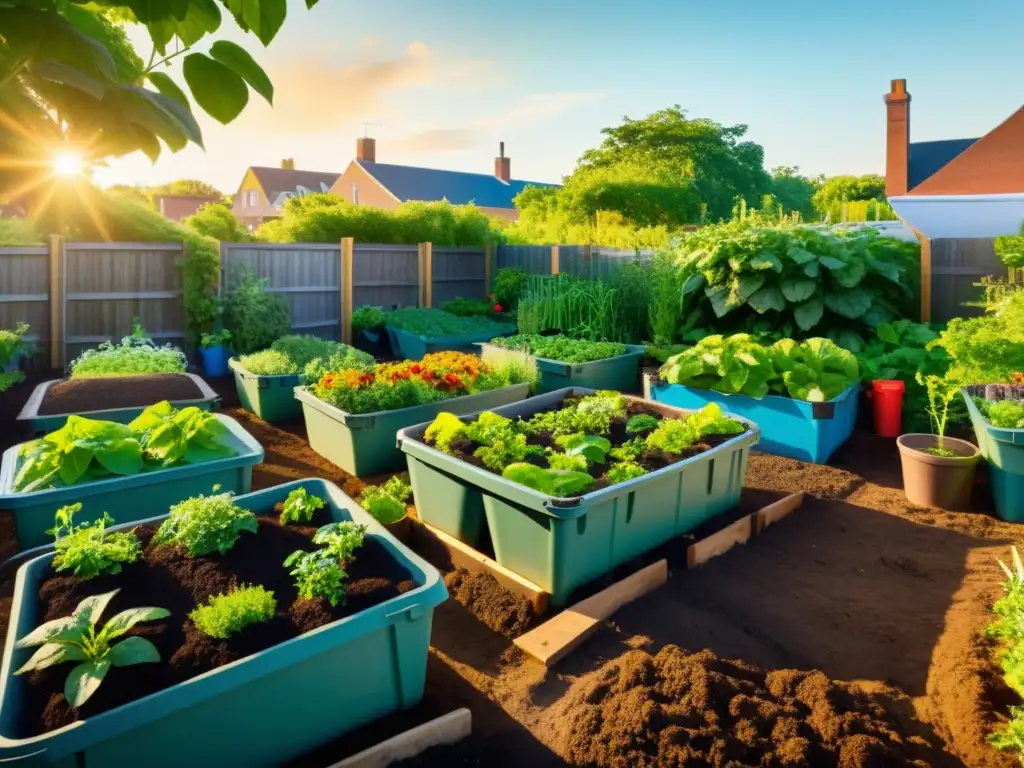 Un jardín comunitario próspero y detallado, con plantas saludables y voluntarios de ONGs promoviendo el compostaje