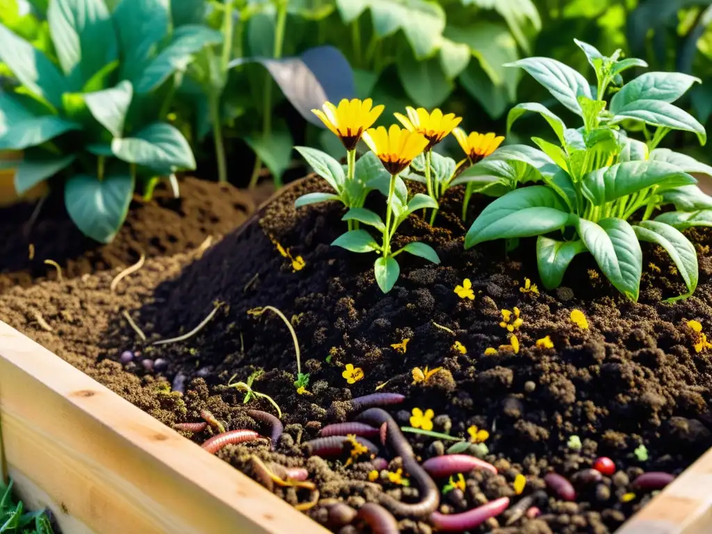 Un jardín comunitario rebosante de vida, con compostaje y plantas florecientes bajo la cálida luz del sol