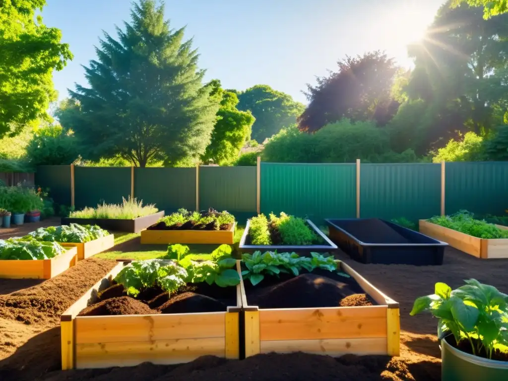 Un jardín comunitario sereno con áreas de compostaje y personas de diferentes edades y orígenes trabajando juntos para una salud ambiental