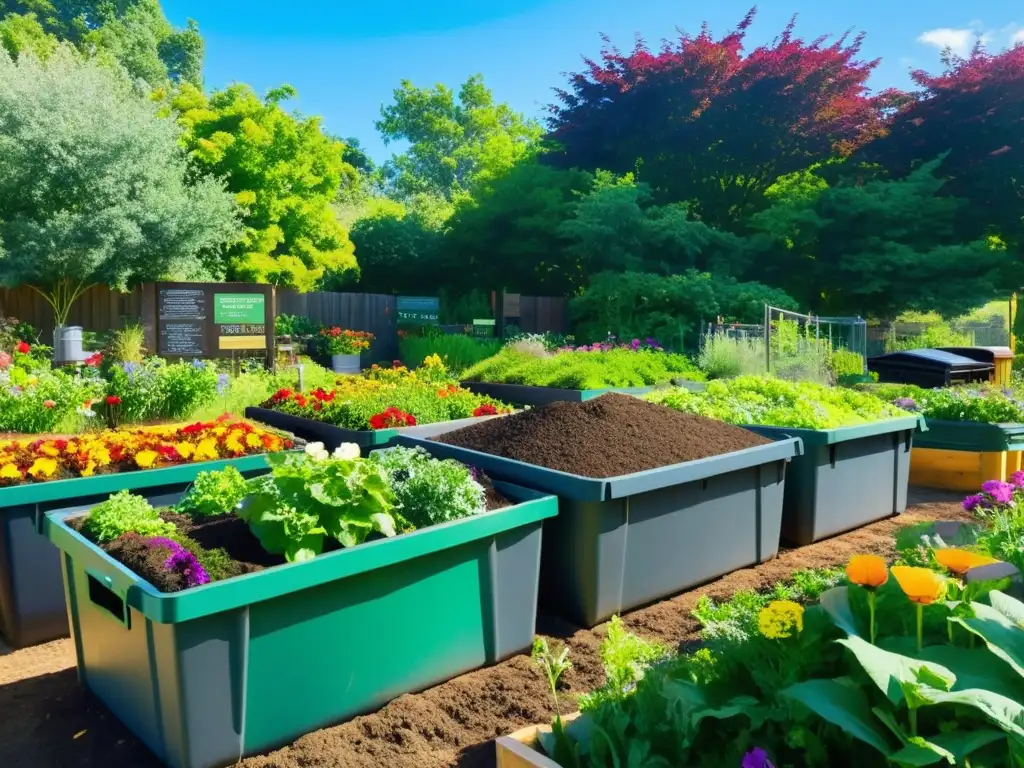 Un jardín comunitario vibrante con diversas áreas de compostaje, rodeado de exuberante vegetación y flores coloridas