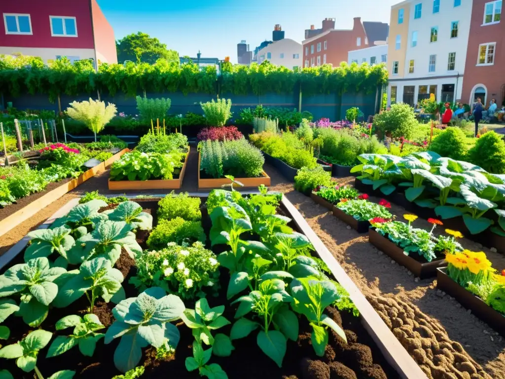 Un jardín comunitario vibrante en la ciudad, muestra la armonía entre vida urbana y alimentación sostenible en la ciudad