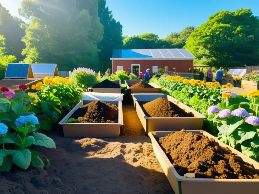 Un jardín comunitario vibrante con compostaje comunitario tendencias proyecciones, rodeado de exuberante vegetación y flores coloridas