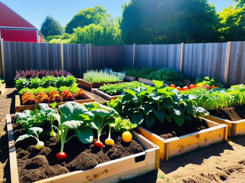 Un jardín comunitario vibrante con diversidad de vegetales y frutas, personas de todas las edades y fondos cuidando las plantas y el compostaje comunitario