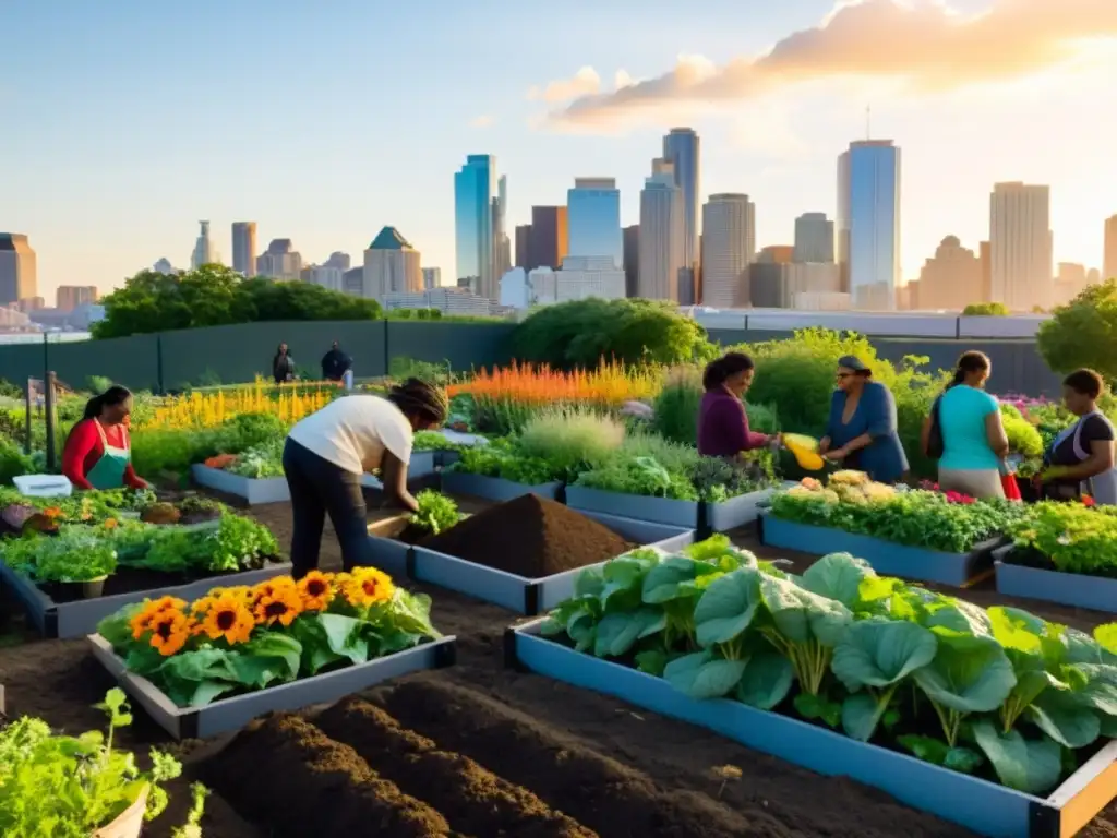 Un jardín comunitario vibrante y diverso, donde personas de todas las edades y orígenes colaboran en el compostaje y la jardinería