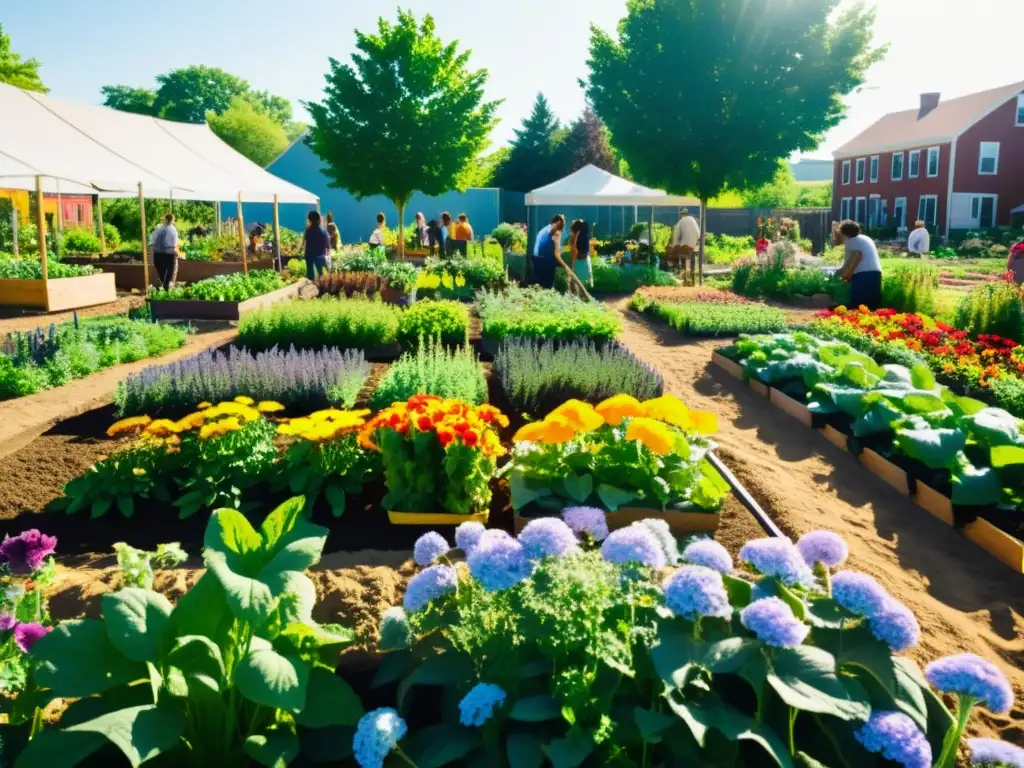 Un jardín comunitario vibrante con flores y vegetales diversos