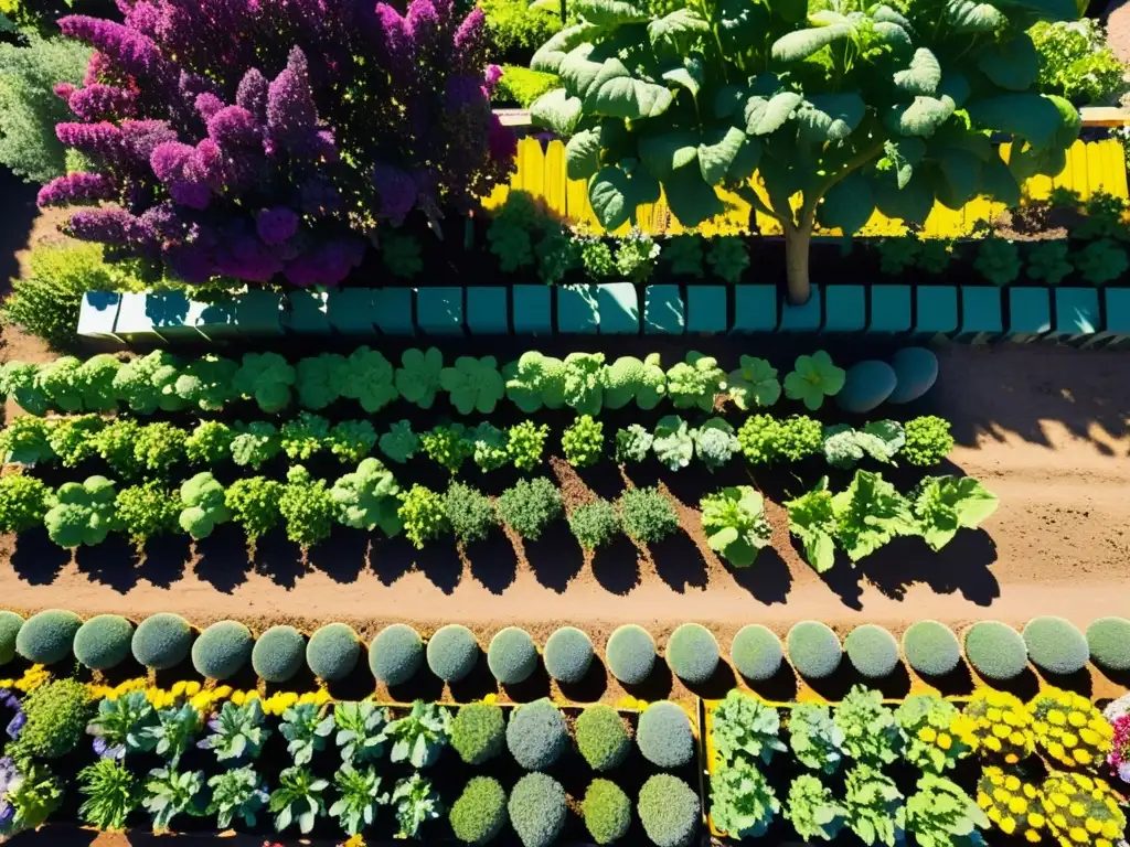 Un jardín comunitario vibrante, con frutas, verduras y flores, refleja armonía y colaboración en un proyecto comunitario de compostaje hogar