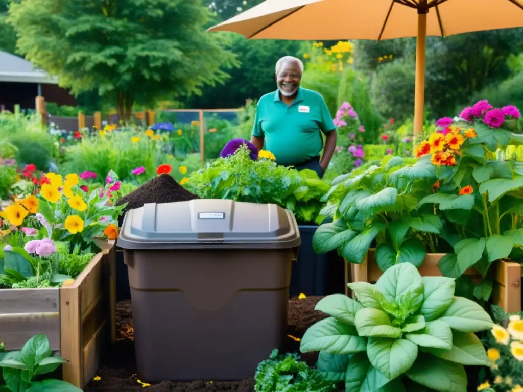 Un jardín comunitario vibrante con personas diversas compartiendo conocimientos sobre compostaje