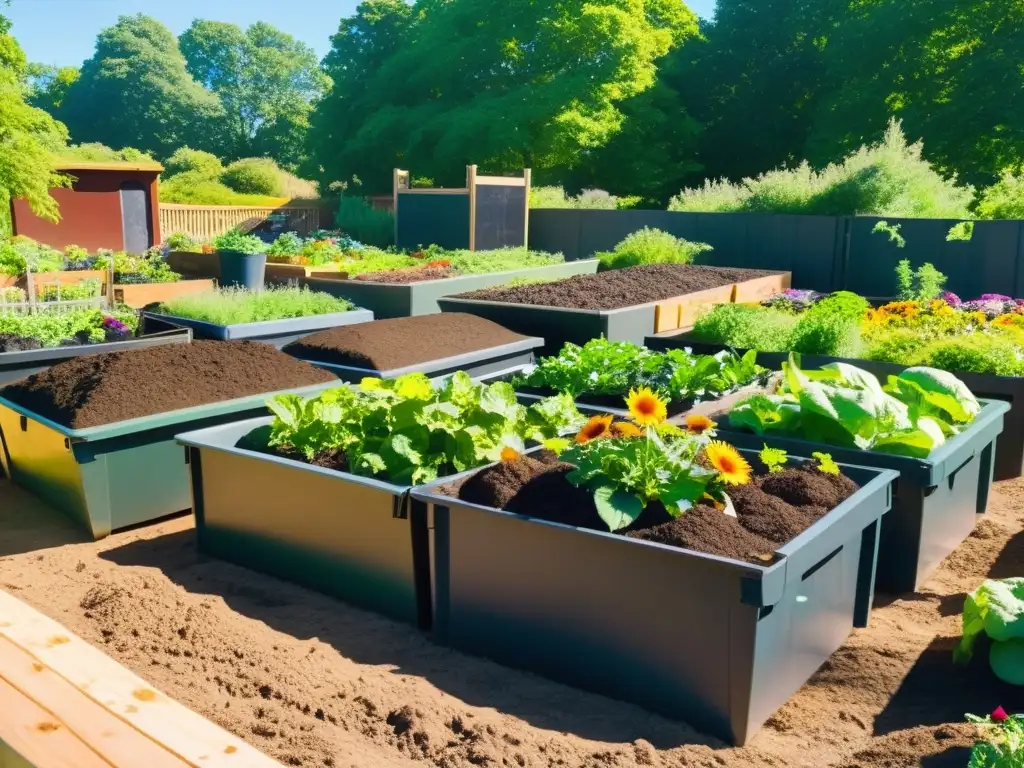 Un jardín comunitario vibrante, con personas de todas las edades trabajando juntas en el compostaje comunitario