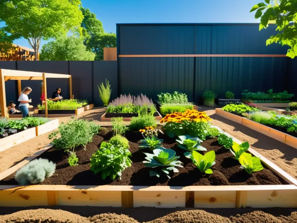 Un jardín comunitario vibrante, con plantas diversas y una bulliciosa estación de compostaje en el centro