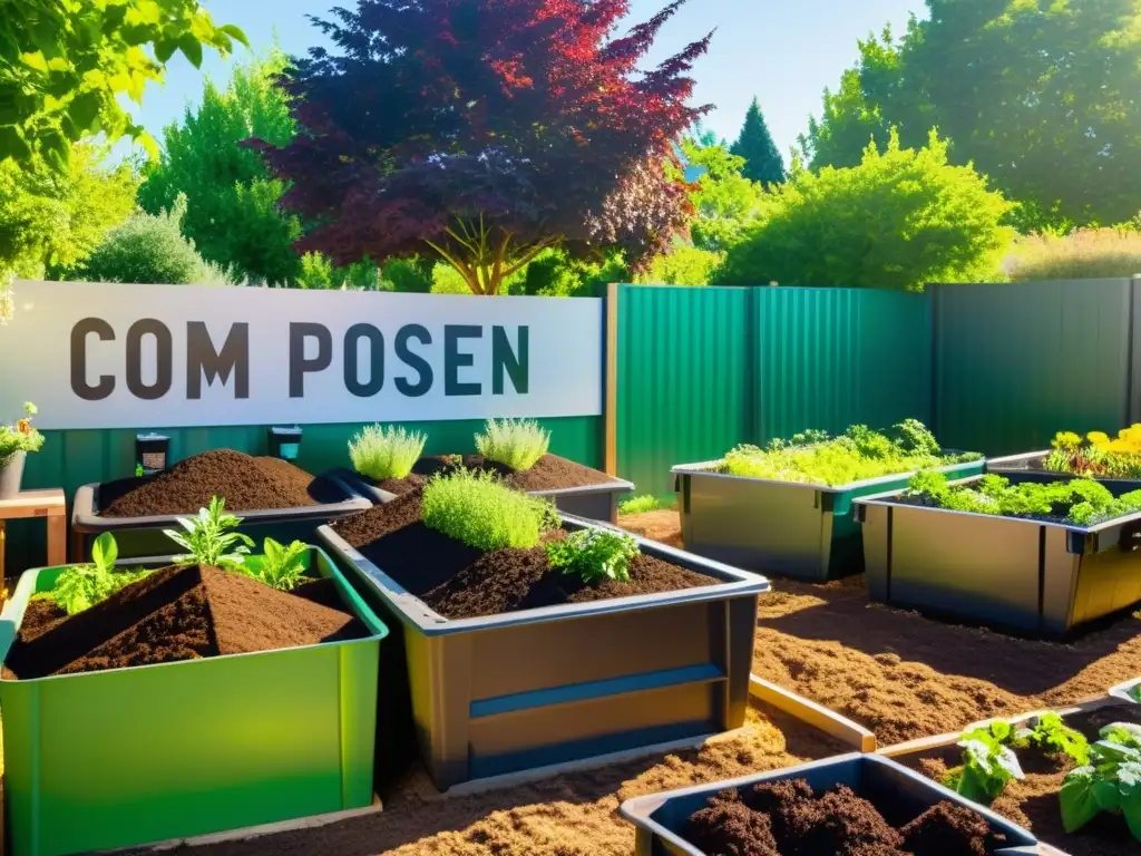 Un jardín comunitario vibrante con plantas exuberantes y personas trabajando juntas para mantenerlo