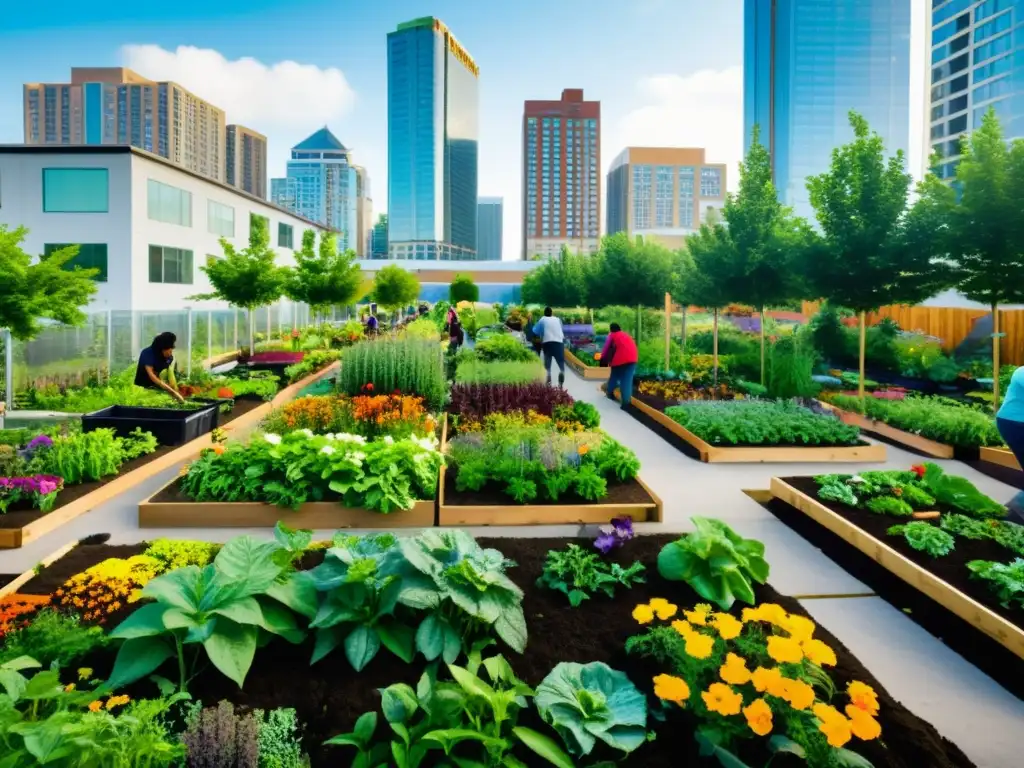 Un jardín comunitario vibrante con plantas exuberantes y flores coloridas, rodeado de edificios modernos