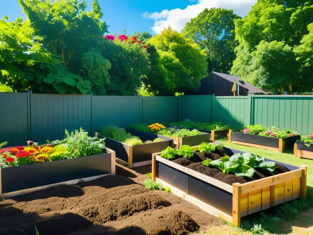 Un jardín comunitario vibrante con plantas verdes exuberantes y flores coloridas, personas de todas las edades trabajando juntas en el compostaje