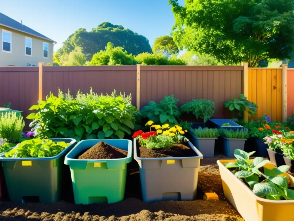 Un jardín comunitario vibrante con plantas verdes exuberantes y flores coloridas, rodeado de pilas de compost ordenadas