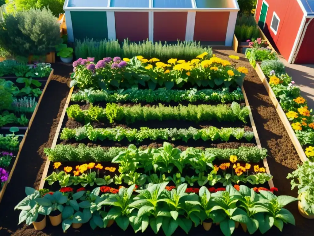 Un jardín comunitario vibrante con plantas verdes y flores coloridas