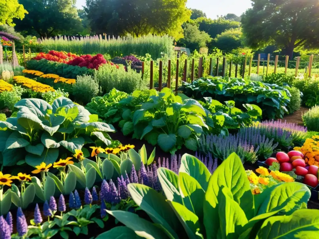 Jardín comunitario vibrante y próspero con vegetales frescos, cumpliendo normativas locales compostaje residuos orgánicos