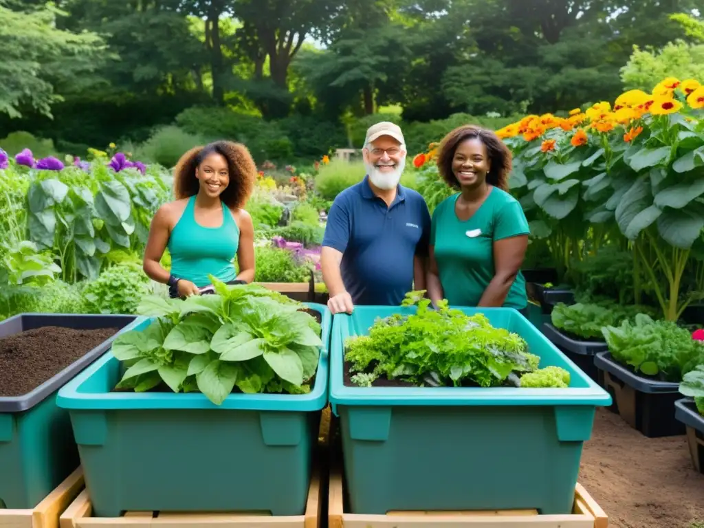 Un jardín comunitario vibrante y sostenible, donde diversas personas practican el compostaje y cuidan de las plantas