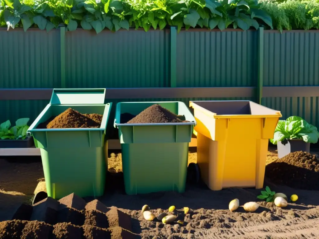 Un jardín comunitario vibrante con zonas de compostaje, donde se separa y descompone residuos orgánicos en contenedores etiquetados