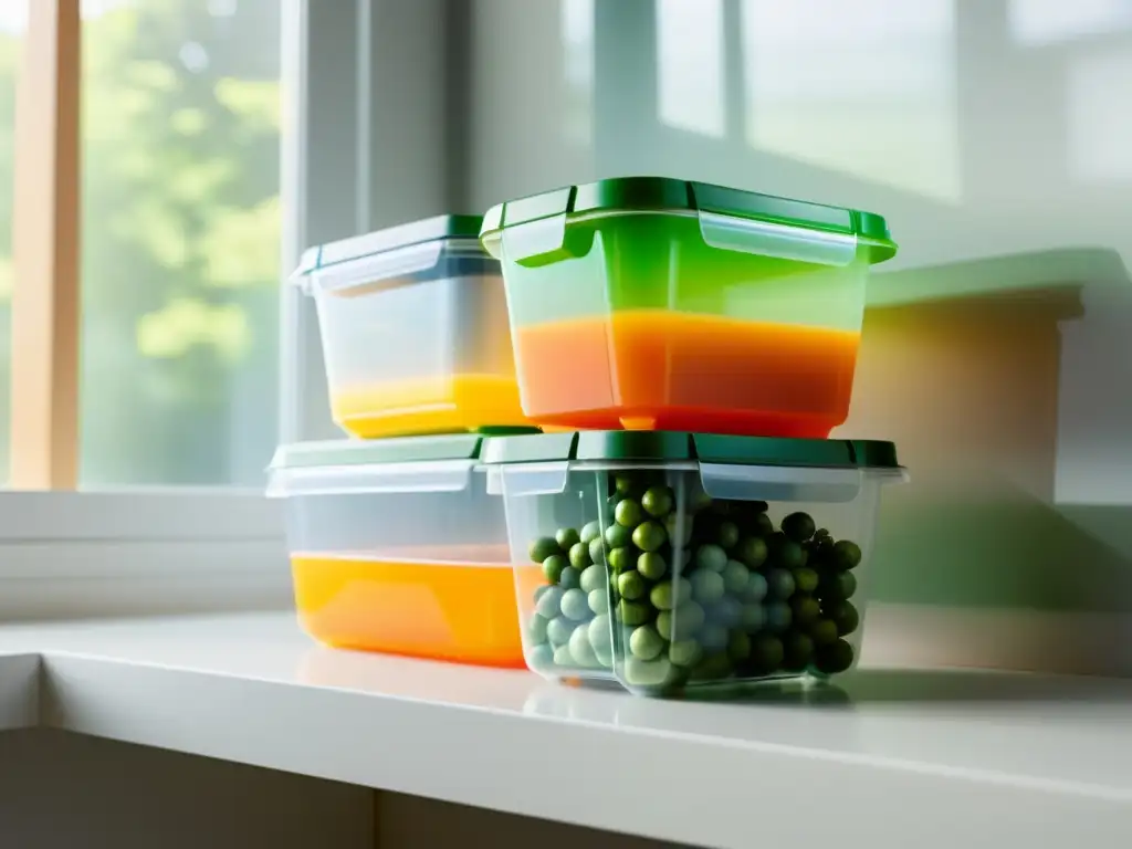 Un conjunto de envases plásticos transparentes y reciclables organizados en un mostrador blanco, con luz natural destacando su durabilidad y claridad