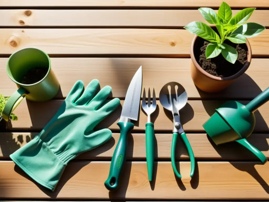 Conjunto de herramientas de jardinería ecológica en mesa de madera, bañadas en luz natural