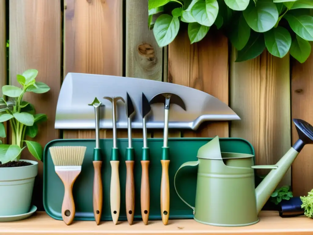 Un conjunto de herramientas de jardinería ecológica, organizadas sobre una mesa de madera con un exuberante jardín de fondo