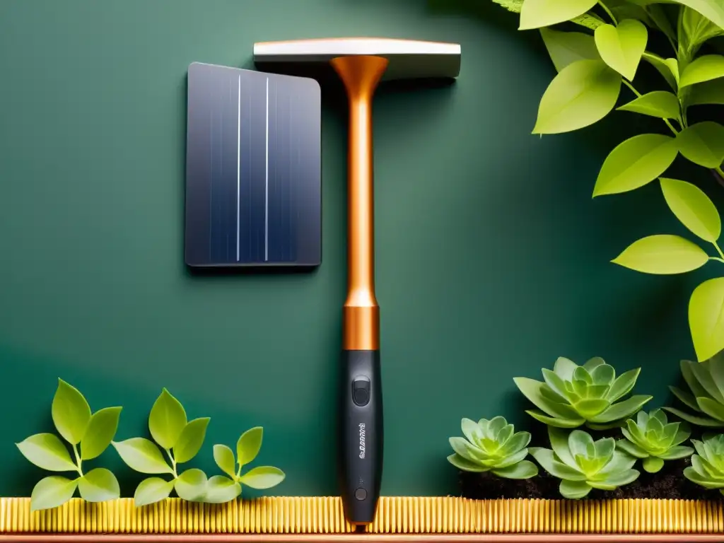 Un conjunto de herramientas solares para jardinería destaca entre la exuberante vegetación, irradiando eficiencia y sostenibilidad