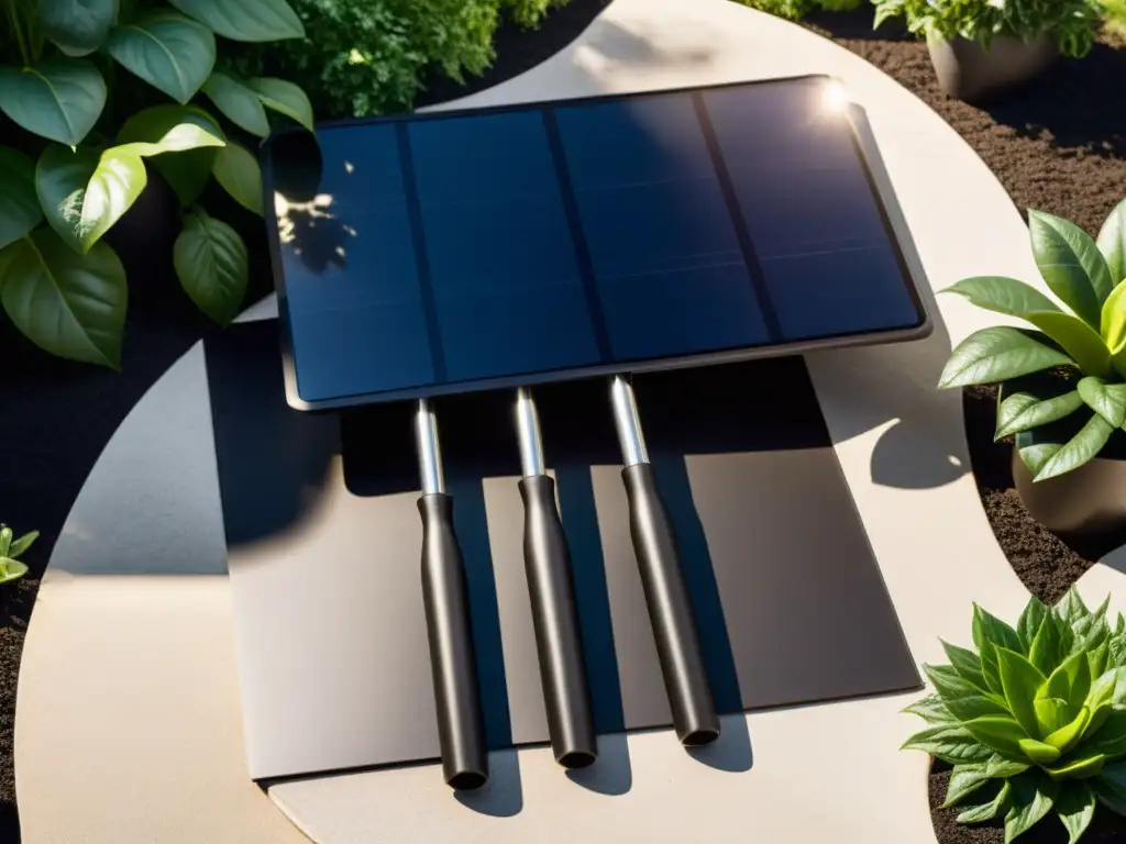 Conjunto de herramientas solares para jardinería en un patio moderno, bañado por la suave luz del sol entre las plantas