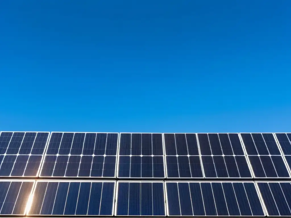 Armonía solar: paneles modernos en cielo azul Un conjunto minimalista de paneles solares modernos, reflejando la luz del sol en perfecta simetría contra un cielo azul claro