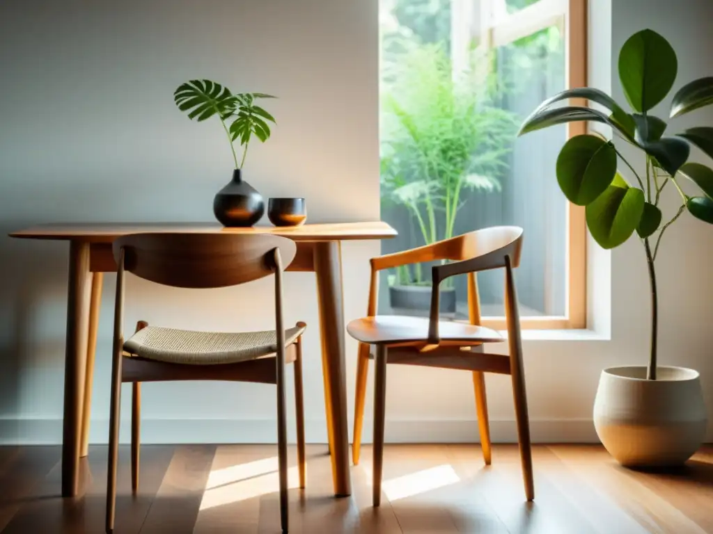 Un conjunto de muebles sostenibles para el hogar, con madera natural y elegante diseño atemporal, iluminado por la suave luz del día