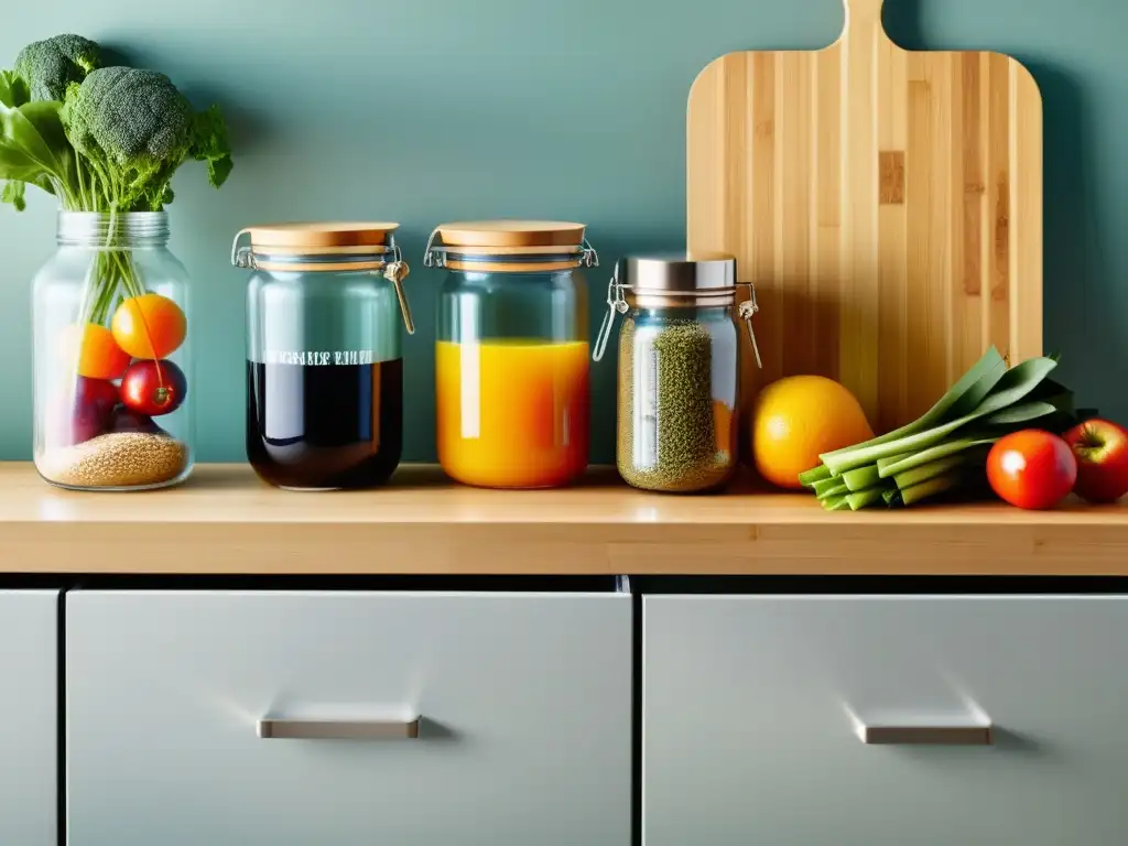 Consejos para un hogar zero waste: Cocina impecable con alimentos a granel, bolsas reutilizables con frutas y verduras, y utensilios ecofriendly