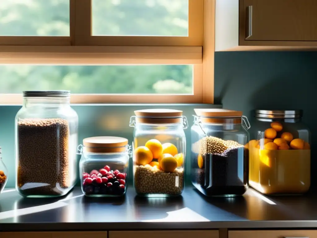 Consejos para un hogar zero waste: Cocina minimalista con despensa a granel, frutas frescas en bolsa reutilizable y contenedor de compostaje