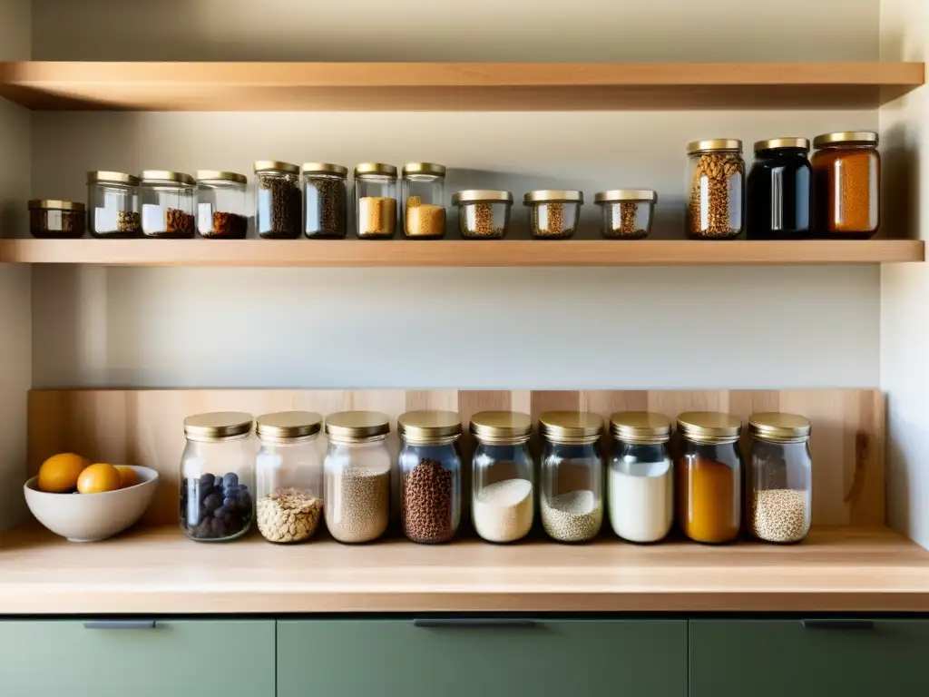 Consejos para un hogar zero waste: Cocina minimalista con frascos de vidrio reutilizables en estantes abiertos, llenos de alimentos a granel como granos, nueces y frutas secas