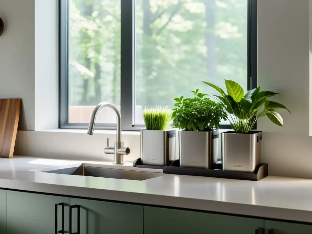 Consejos para gestionar residuos en la cocina: cocina minimalista con contenedores separados para reciclaje y compostaje, iluminada por luz natural