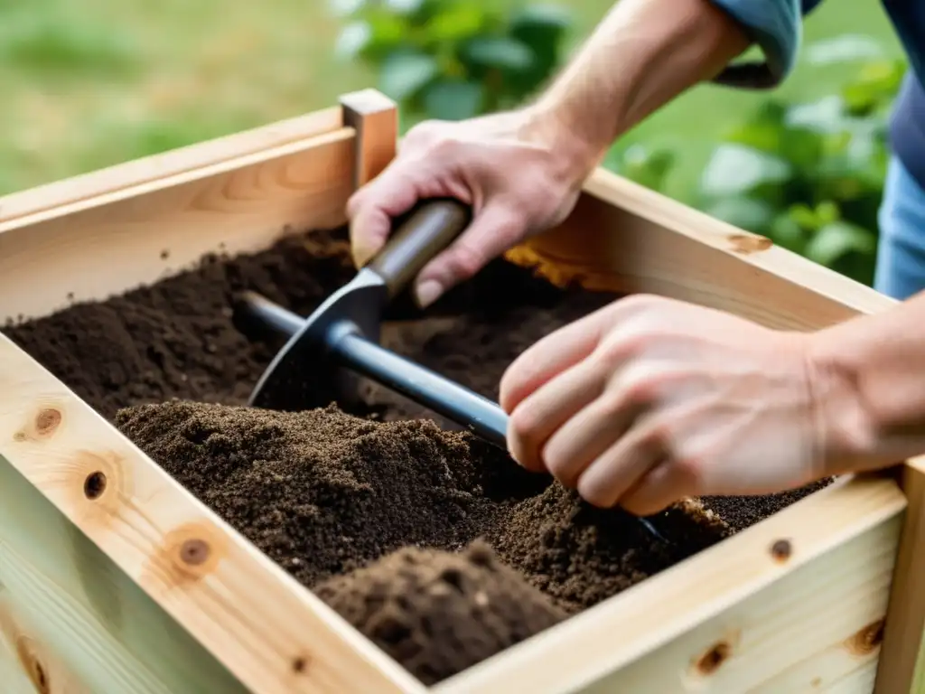 Construcción de compostador casero con materiales reciclados: manos precisas crean un contenedor robusto con madera y martillo